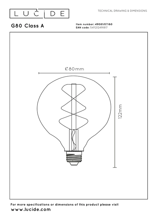 Lucide G80 Class A - Filament bulb - Ø 8 cm - LED - E27 - 1x7W 2700K - Transparant - technical